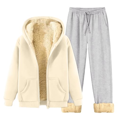 XINGJIAARTS Womens Sweatsuits 2 Piece Set Fleece Lined Zip Up Hoodie Jacket and Sweatpants Sets Warm Tracksuit with Pockets Beige Medium - image 3