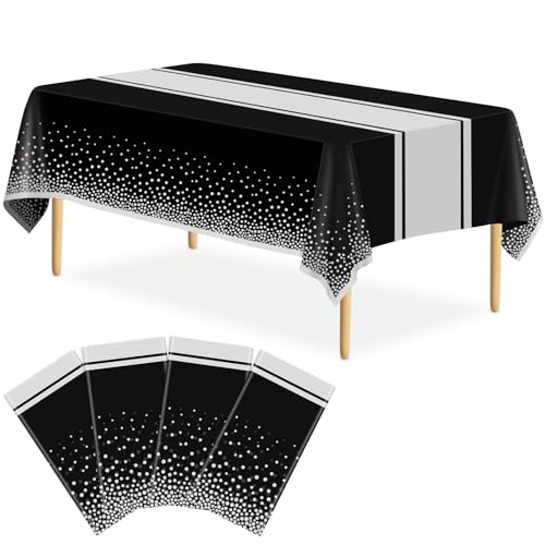 Image of 4 Pack Black and Silver Tablecloth Party Decorations Plastic Black Tablecloth Printed Silver Table Runner 54 x108 Inch Disposable Rectangle Table Cover for Birthday Wedding Graduation