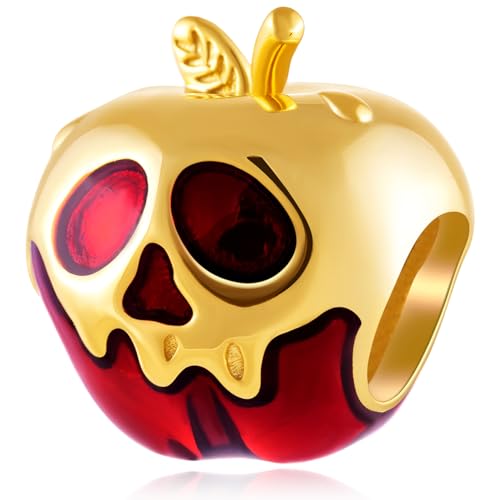 Villains Evil Queen Poisoned Apple Charms, fit Pandora Halloween Bracelet, 925 Sterling Silver 18k Gold Plated Ghost Red Enamel Apple Fruit Bead, Gift for Holiday/Birthday