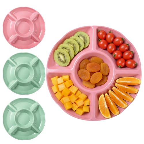 Otopone 4 Pcs Snack Plate Reusable Snack Tray with 5 Sections Party Platters for Fruits Candies Nuts and Desserts