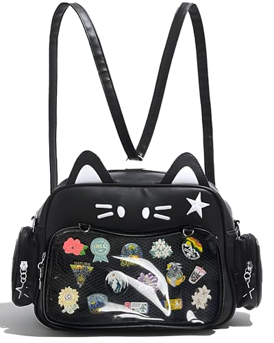 VOUSXLLEZ Cute Cat Ita Bag Pin Display Backpack,Shoulder Crossbody,Multi-Purpose, Kawaii Purse with Insert,PU Leather, for Kpop Fan Anime (Pins NOT Included) (Black)