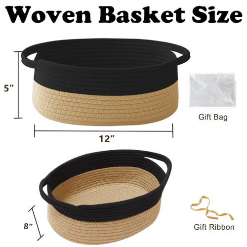 Image of Woven Rope Basket,Baby Gift Basket with Bag & Ribbon, Black&Jute