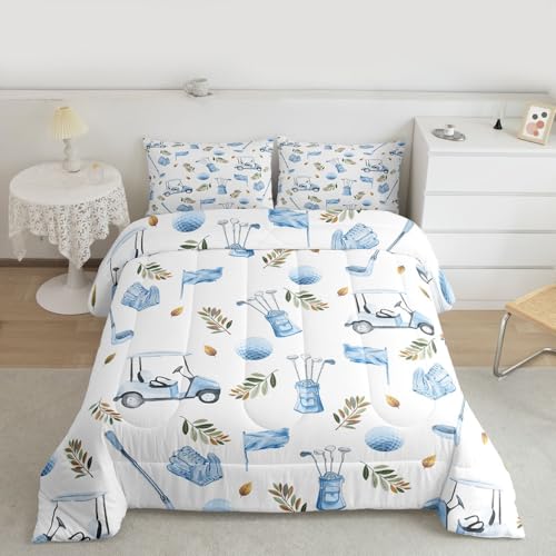Image of Feelyou Golf Comforter Set King Size Leaves Bedding Set for Kids Boys Girls Sports Golfing Theme Duvet Quilt Bedroom Decor Microfiber 3 Pcs with 2 Pillow Cases