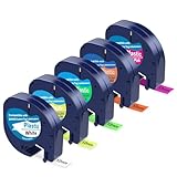 5 Pack Compatible with Dymo Letratag Refills Replacement for Dymo Label Maker Refills 12mm x 4m(1/2" x 13') Colored Plastic Label Tape for Letra Tag LT 100H 100T QX50 Handheld Label Maker Tape Refill