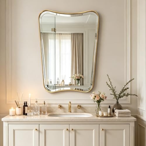 POZINO Irregular Beveled Mirror, 24"x36" Modern Bathroom Vanity Mirror, Brushed Gold Aesthetic Mirrors with Stainless Steel Frame, Butterfly Shape Wall Mirrors for Bedroom Living Room Entryway