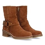 98375 Botin de Tacon para Mujer con Diseno Casual con toques Moteros Gracias a Hebilla Decorativa en el Lateral. Tacon bajo Comodo, Cierre de Cremallera. Ideal Otono Invierno. Camel Talla 39