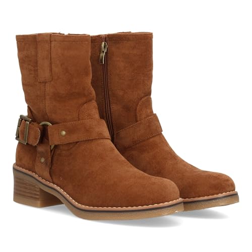 98375 Botin de Tacon para Mujer con Diseno Casual con toques Moteros Gracias a Hebilla Decorativa en el Lateral. Tacon bajo Comodo, Cierre de Cremallera. Ideal Otono Invierno. Camel Talla 39