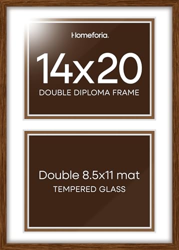 Image of Homeforia 14x20 Double Diploma Frame Brown, High End Dark Oak 14 x 20 Wood Certificate Frames with Mat for Two 8.5x11 Diplomas, 14by20 Dual Walnut Graduation Frames, Tempered Glass, Wall Kit, Set of 2