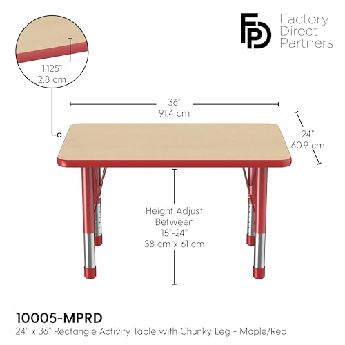 FDP Rectangle Activity School and Classroom Kids Table (24 x 36 inch), Chunky Toddler Leg, Adjustable Height 15-24 inches - Maple Top and Red Edge by Factory Direct Partners - Image 2