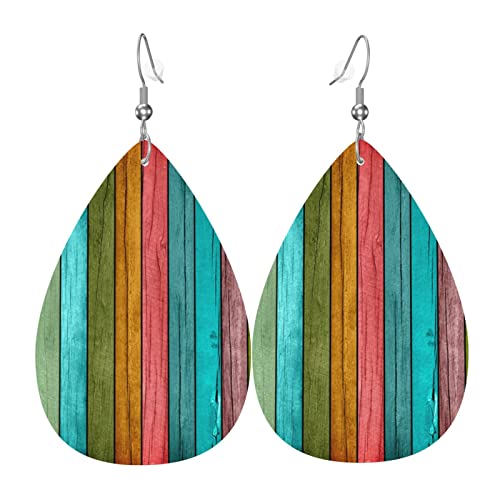 Vintage Wood Wooden Print Faux Leather Teardrop Earrings for Women Drop Dangle Earrings Gift