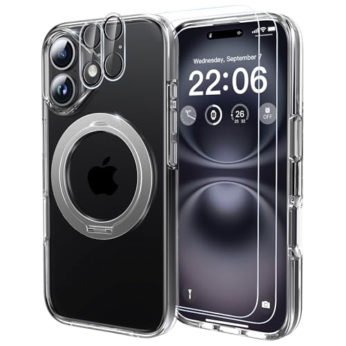 Image of Diverbox for iPhone 16 Case Clear [Compatible with MagSafe] [with Screen Protector + Camera Lens Protection ] with Magnetic Ring Kickstand Phone case for iPhone 16 (Clear Magnetic Ring)
