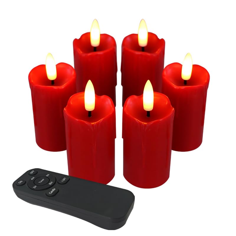 Image of CANDLE CHOICE Battery Operated Flameless Votives with Remote Auto Daily Timer Long Lasting Realistic Black Wick Electric LED Candles Wedding Party Holiday Halloween Christmas Decorations 6 Pack Red