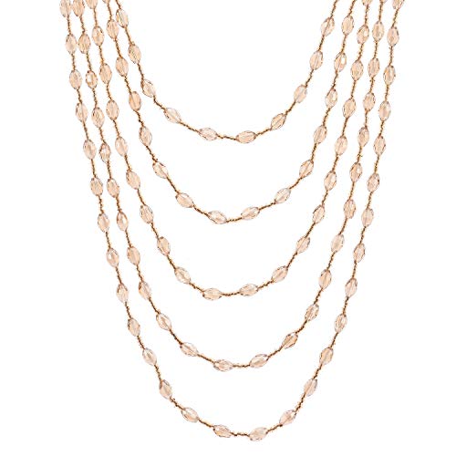 COOLSTEELANDBEYOND Oval Beads Statement Necklace Multi-Strand Long Chains with Crystal Charm Pendant2