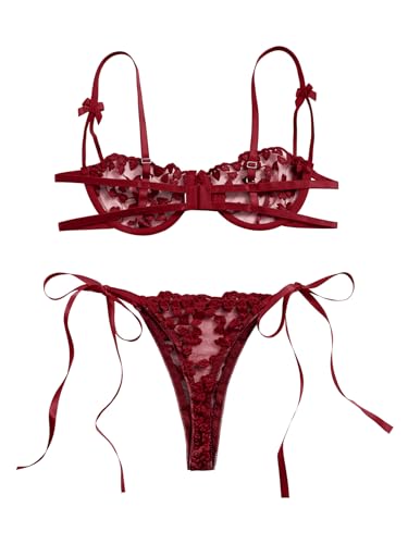Image of Lilosy Sexy Tie Side Cute Underwire Push Up Strappy Embroidered Mesh Sheer Lingerie Set