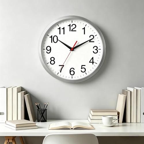 Image of Rohioue 12 Inch Wall Clock, Modern Battery Operated Wall Clocks, Silent Non Ticking Analog Clock for Bedroom, Kitchen, Bathroom, Office, Home, Living Room (Silver)