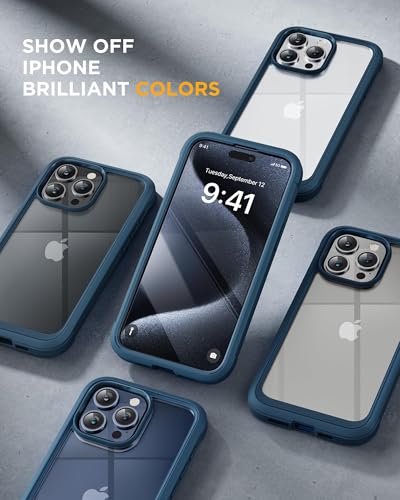 Image of Miracase Glass Series for iPhone 15 Pro Max Case 6.7 Inch, Full-Body Drop Proof Phone Case for iPhone 15 Pro Max with Built-in 9H Tempered Glass Screen Protector + Camera Protector, Storm Blue