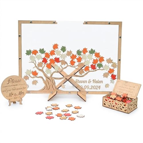 Image of Personalized Maple Tree Wedding Guest Book Alternative, Fall Leaf Drop Box | Rustic fall wedding decor; guests sign leaves to drop in wooden frame; personalized keepsake tree guest book alternative