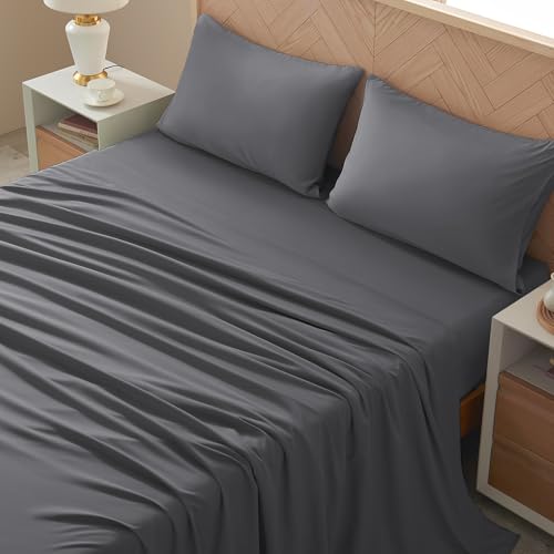 Image of Cal King 4 Piece Sheet Set - Comfy Breathable & Cooling Bed Sheets Set, Soft and Wrinkle Free, Deep Pockets, Easy & Secure Fit, Hotel Luxury Bedding - Oeko-Tex - Dark Grey