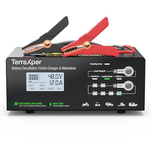 TerraXper P48 Professional-Grade Universal Smart Battery Charger | 6V 8V 12V 24V 36V 48V All-in-One | 98% Efficiency | LiFePO4 Lithium-ion & Lead-Acid Compatible | 12A Output | Dead Battery Revival