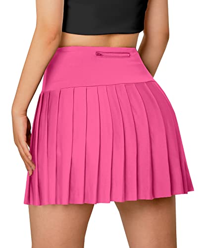 SANGTREE Girl's Quick Dry Pleated Tennis Skorts Skirts, High Waisted Cute Running Golf Athletic Mini Skirt with Shorts Pockets, Quick Dry Rose Red, 13-14 Years = Tag 170