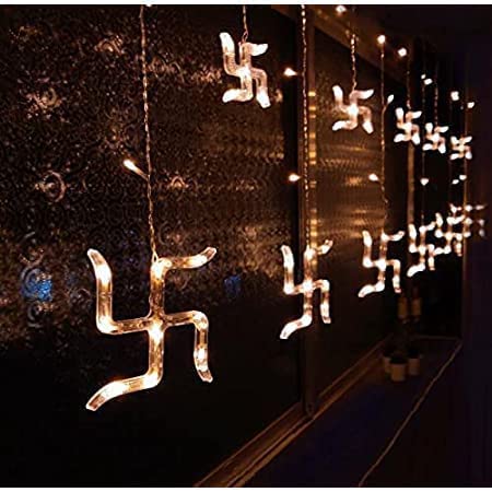 Desidiya Plastic Warm White Swastik Curtain Light, String LED Lights with Pack of 12 Hanging Swastik 8 Flashing Modes for Diwali Decoration, 5 Cm