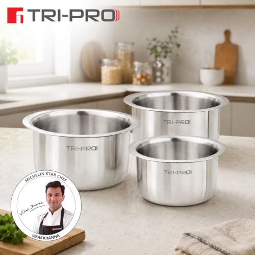 Image of Bergner TriPro Triply Stainless Steel 3 Pcs Tope Set - 16cm (1.8L), 18cm (2.5L) and 20cm (3.5L), Even Heating, Flared Rim, Healthy Cooking, Topes for Cooking, Serving and Storing - Induction Bottom