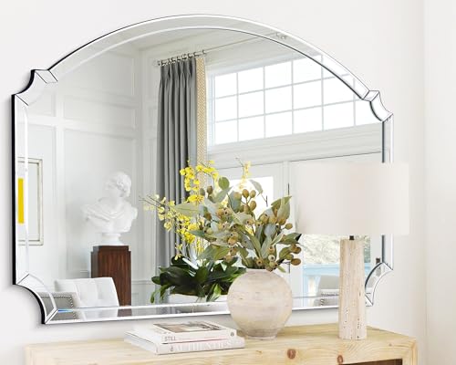 Chende 31.5" X 47.2" Large Arched Wall Mirror with Glass Beveled Frame&Wood Backboard, Horizontal Decorative Mirror Scalloped Corner for Bathroom, Living Room, Entryway, Bedroom