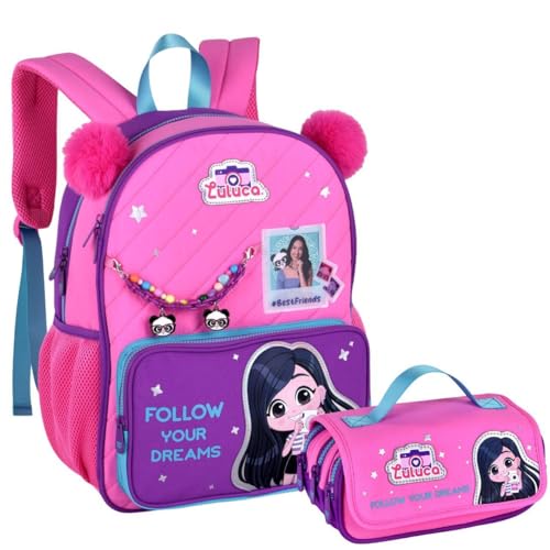 Kit Material Escolar Luluca Mochila de Costas com Estojo Grande, Alças Ajustáveis Acolchoadas, Compartimentos Espaçosos, Resistente, P/Meninas Infantil (Kit Material Escolar Luluca)