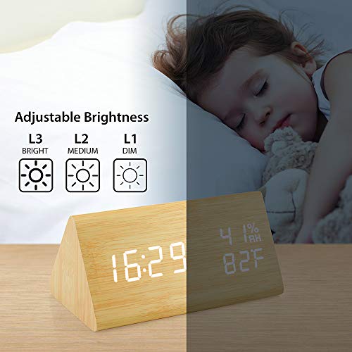 Oct17 Wooden Alarm Clock, Wood LED Digital Desk Clock, Upgraded with Time Temperature, Adjustable Brightness and Voice Control, Humidity Displaying - Bamboo