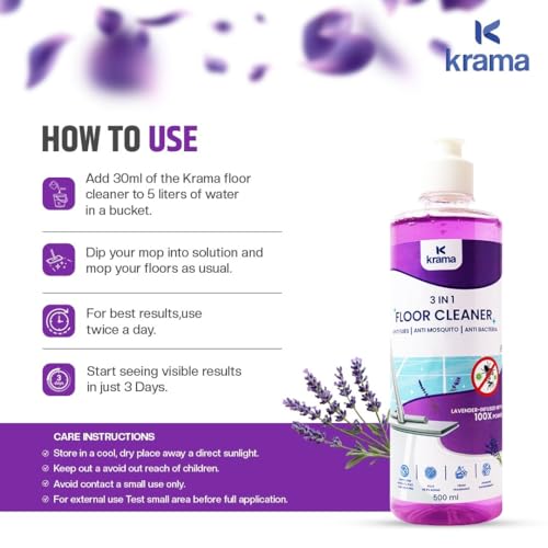 Image of Krama Disinfectant Floor Cleaner | 3 in 1 Anti Flies, Anti Mosquito & Anti Bacteria Formula | 100X Power Lavender Infused | Eco- Friendly, Biodegradable & Paraben Free Germ Protection Pack 500ml