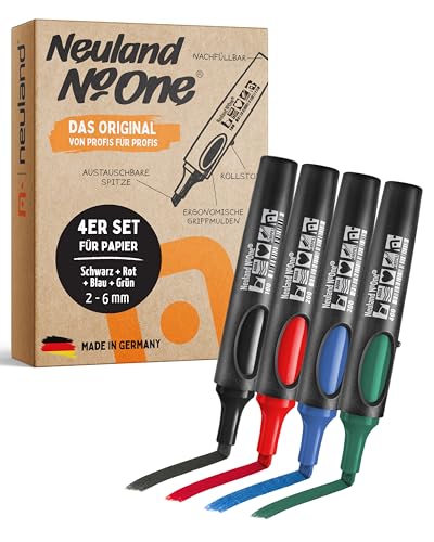 Neuland No.One Flipchartmarker I Mehrfarbiges 4er Set mit Keilspitze 2-6 mm I Nachfüllbarer Marker für Trainer Moderatoren & Coaches I Ergonomischer & langlebiger Flipchartstift