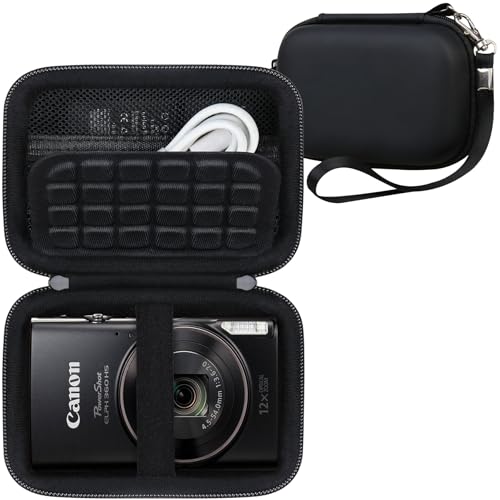 RAIALL Carrying Case for Canon PowerShot ELPH 360/300/190/180/160 HS/Sony Cybershot DSC-W830 W55 Digital Camera, Vlogging Camera Hard Travel Bag, Mesh Pocket for Battery, SD Cards and USB Cable, Black