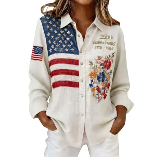 Womens 250th Anniversary USA Shirt Flower Printed Casual Crewneck Long Sleeve Tops with Button 1776-2026 America Flag Sweatshirt Oversized Clothes 2026 Summer Vintage Outfits White Large