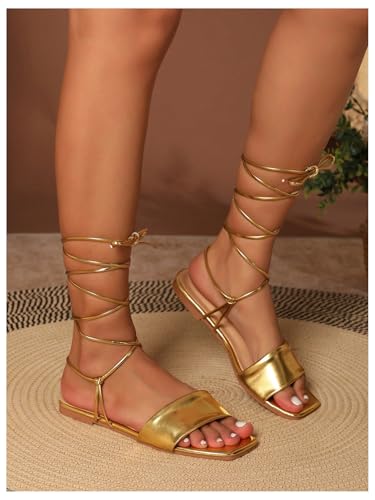 GORGLITTER Women's Criss Cross Strappy Lace Up Flat Sandals Metallic Square Open Toe Dressy Sandals4