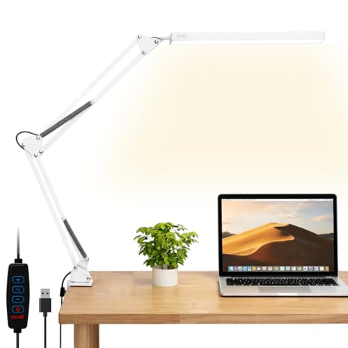 Image of Dyazo Overhead LED Desk Lamp with Long Adjustable Arm Clamp | Dimmable Table Light Includes 3 Color Modes & 10 Brightness Levels | 12W Lighting for Study, Reading, Crafting with Memory Feature (White)