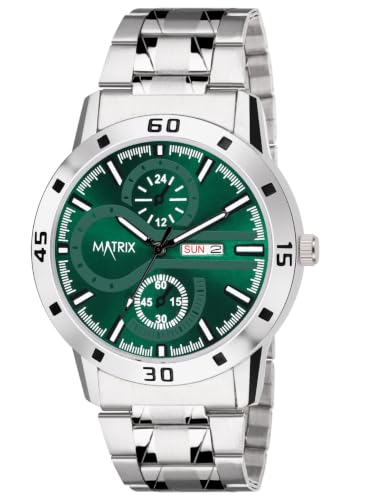 Image of Matrix Superior Analog Watch for Men | Black, Blue, Green & White Dial Stainless Steel Chain Strap Watch | Day & Date Display | Quartz Movement | Stylish Casual & Formal Wrist Watch for Boys & Men