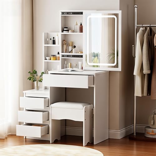 ZBAUK Dressing Table with LED Lighting Mirror, 3 Lighting Modes Adjustable Brightness,Vanity Table,Makeup Desk with 4 Drawers and 3 Storage Shelves, Modern White