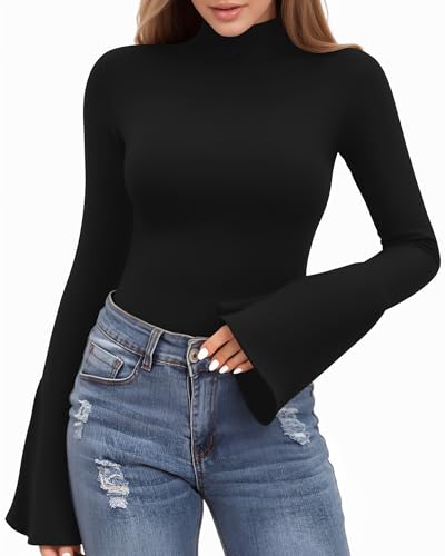 MANGOPOP Long Sleeve Mock Neck Shirts for Women Bell Sleeve Turtle Neck Tops Basic Going Out Tee Blouse2