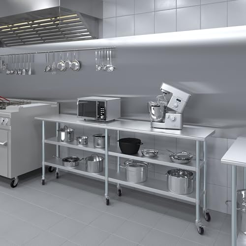 Image of AmGood Stainless Steel Work Table with 2 Shelves and Casters | Metal Utility Table On Wheels (Stainless Steel, 96 inch Long x 18 inch Deep)