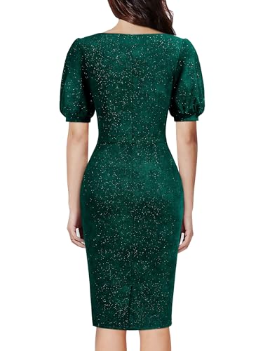 Image of Miusol Women's Retro V-Neck Elegant Glitter Wrap Ruched Puff Sleeve Cocktail Party Dress