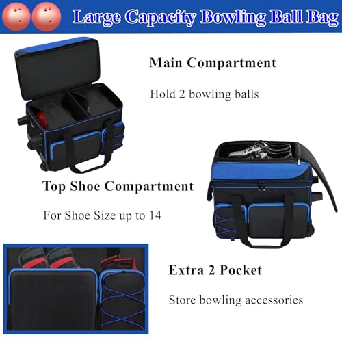 Double Roller Bowling Bag with Wheels, Large Capacity Pocket Bowling Ball Bag for Bowling Shoes, Retractable Handle for 2 Bowling Ball and Accessories Blue - Thumbnail 4