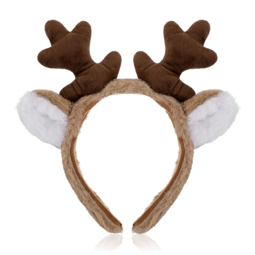 Reindeer Antlers Headband Animal Ears Hairband Fluffy Deer Antler Hair Accessories for Party Cosplay Costume Christmas Halloween
