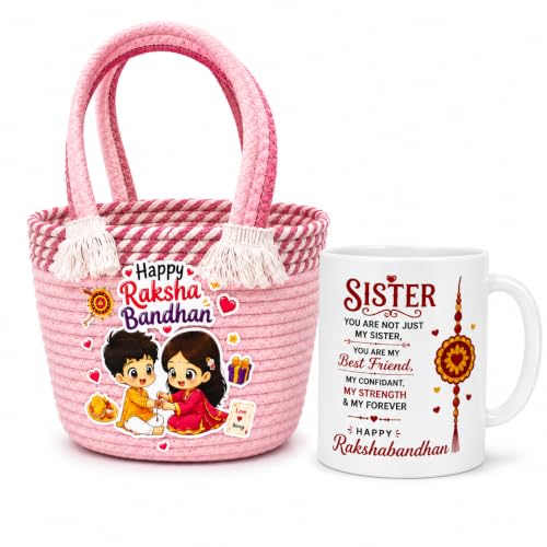Image of Rakhi Gift Hamper for Sister | Rakhi Bag (Random Color) with Printed Ceramic Coffee Mug | Raksha Bandhan Festive Combo | Designer Hamper | Coffee Mug Set