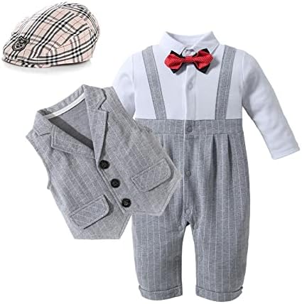HOSUKKO Baby Boy Suit, One-Piece Romper & Vest & Beret & Bow Tie,Infant Boys Gentleman Outfits Sets for Formal Occassion (Long Sleeve, 0-24 Months),Grey,12-18M