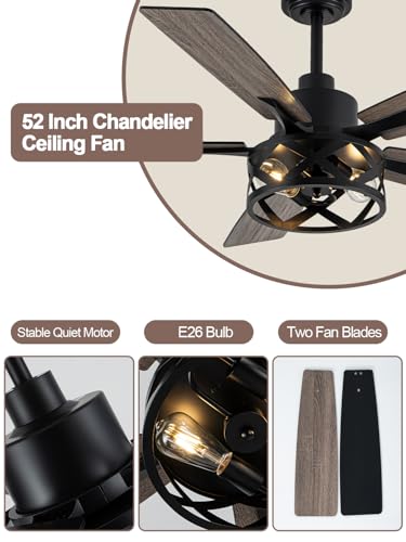 Image of 52 inch Farmhouse Rustic Caged Chandelier Fan with Light
