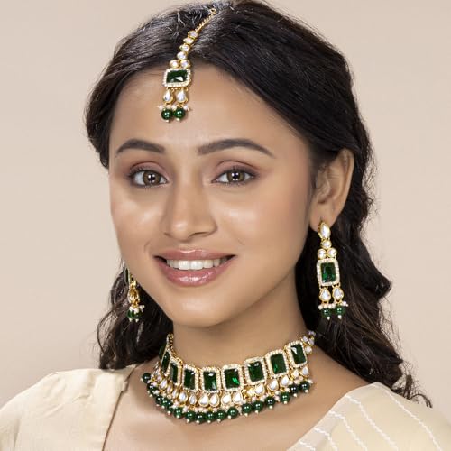 Image of Peora Crystal Faux Pearl Kundan Necklace & Jewellery Set Gift for Women