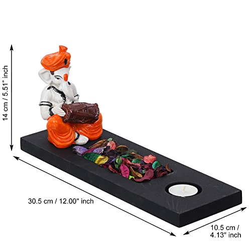 Image of eCraftIndia Orange White Resin Lord Ganesha Idol Playing Dholak Showpiece Potpourri Rectangle Tea Light Candle Holder| Ganpati Murti Tea Light Holder Diwali Decoration Items for Home Decor|Diwali Gift