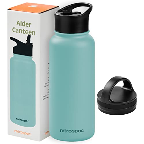 Retrospec Alder Insulated Water Bottle with Straw Lid & Handle Cap - Stainless Steel Wide Mouth Double-Wall Vacuum Insulated Thermos - BPA Free Leakproof Canteen - Blue Ridge, 32oz