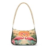Tropical Two Pink Flamingos Shoulder Handbags for Women Travel Hobo Tote Handbag Women Gold Chain Shoulder Bags Purse with Zipper Closure