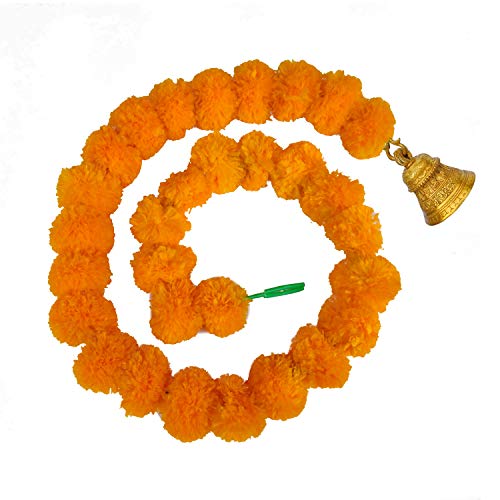 Image of iHandikart Artificial Marigold with Bell Decorative Garland | Marigold Garland | Door Hanging Garland, Diwali Decoration, Size 60 inch, Pack of 10 Colour Mango (31042-B)